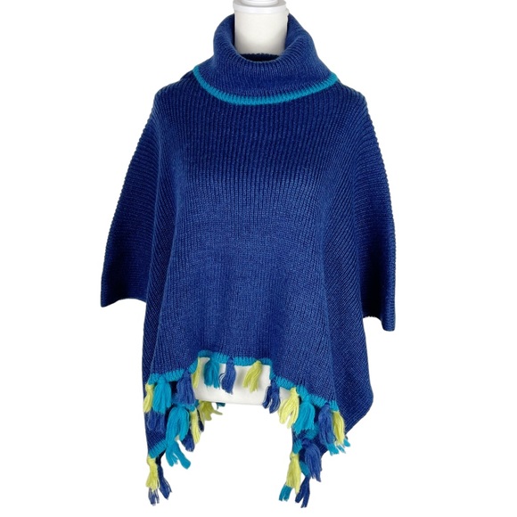 Libby Edelman Poncho Fringed Sweater NWT Blue Lime Green Turquoise One Size - Picture 6 of 11
